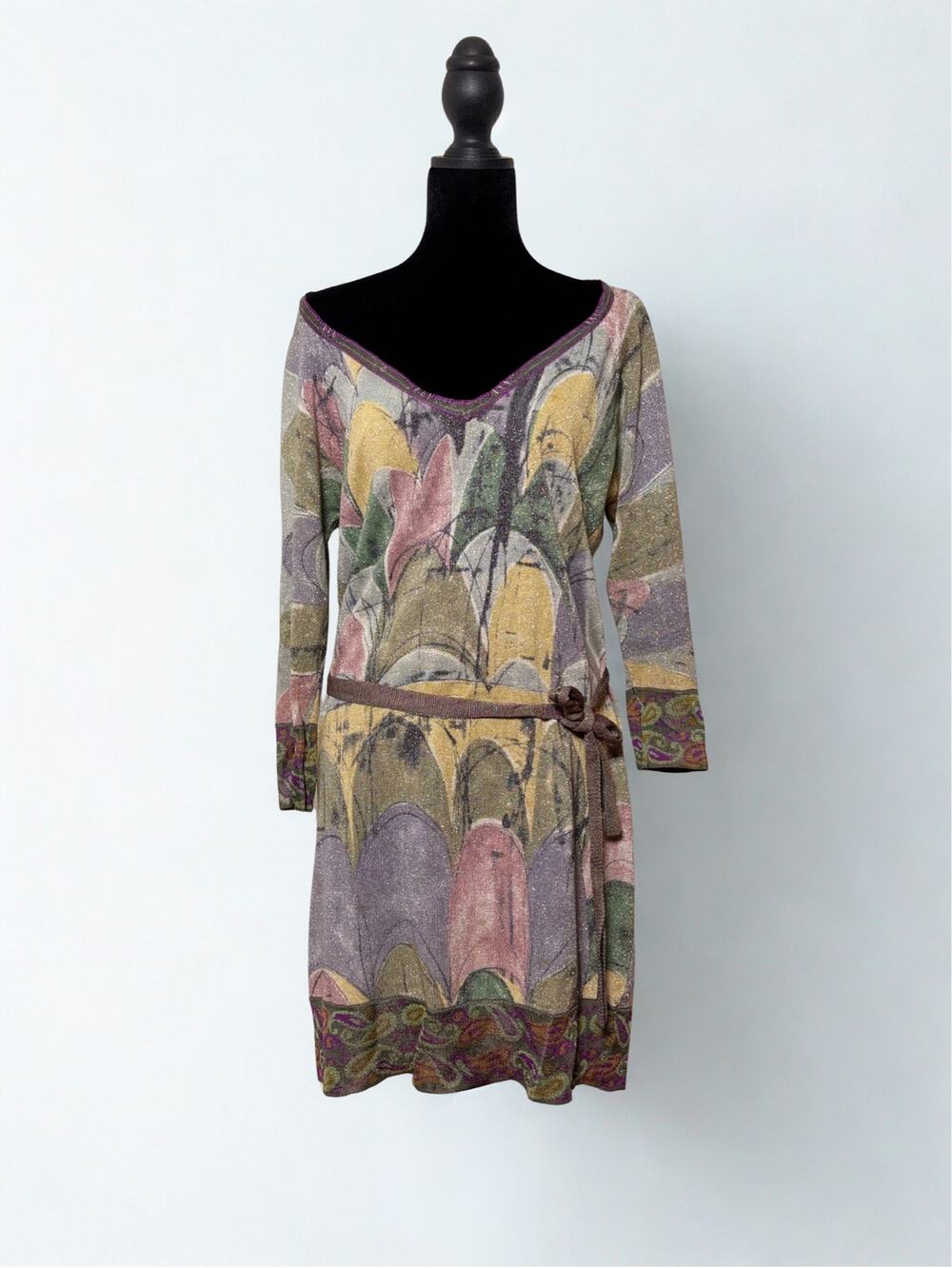 Vtg Y2K Custo Knitwear Metallic Pastel Print Boatneck Sweater Dress with Sash